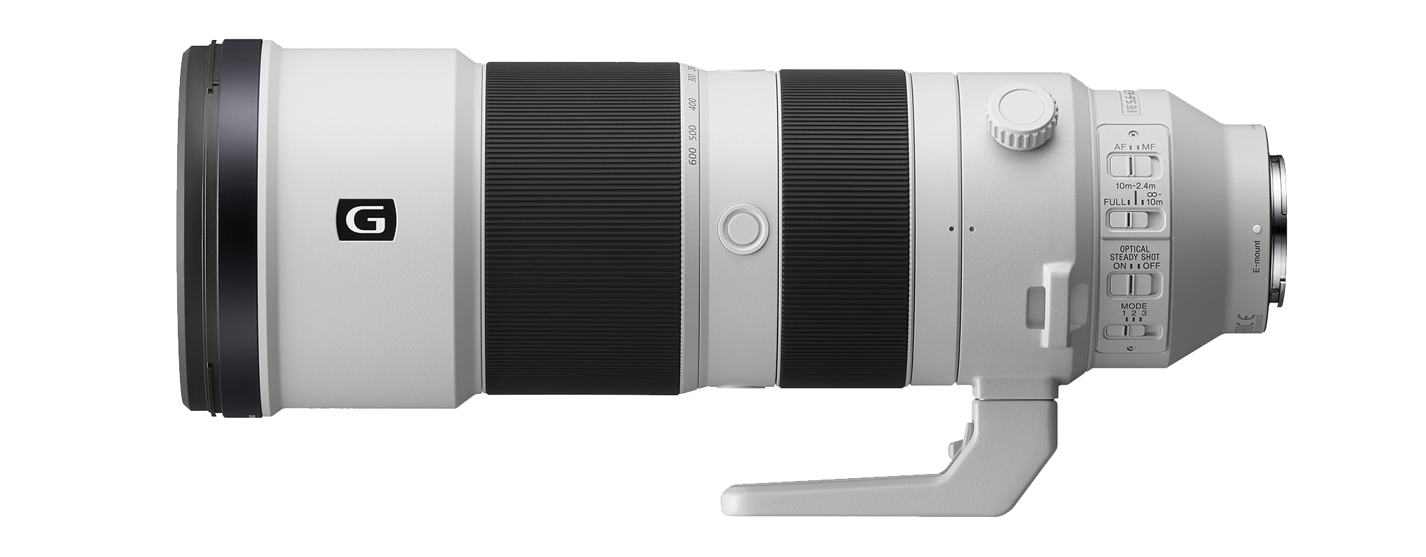 Weißes und schwarzes Kameraobjektiv auf schwarzem Grund.