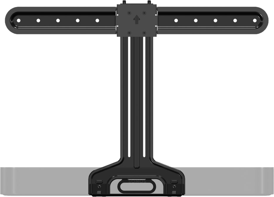Support TV noir contre une surface grise. Le support est en forme de T.