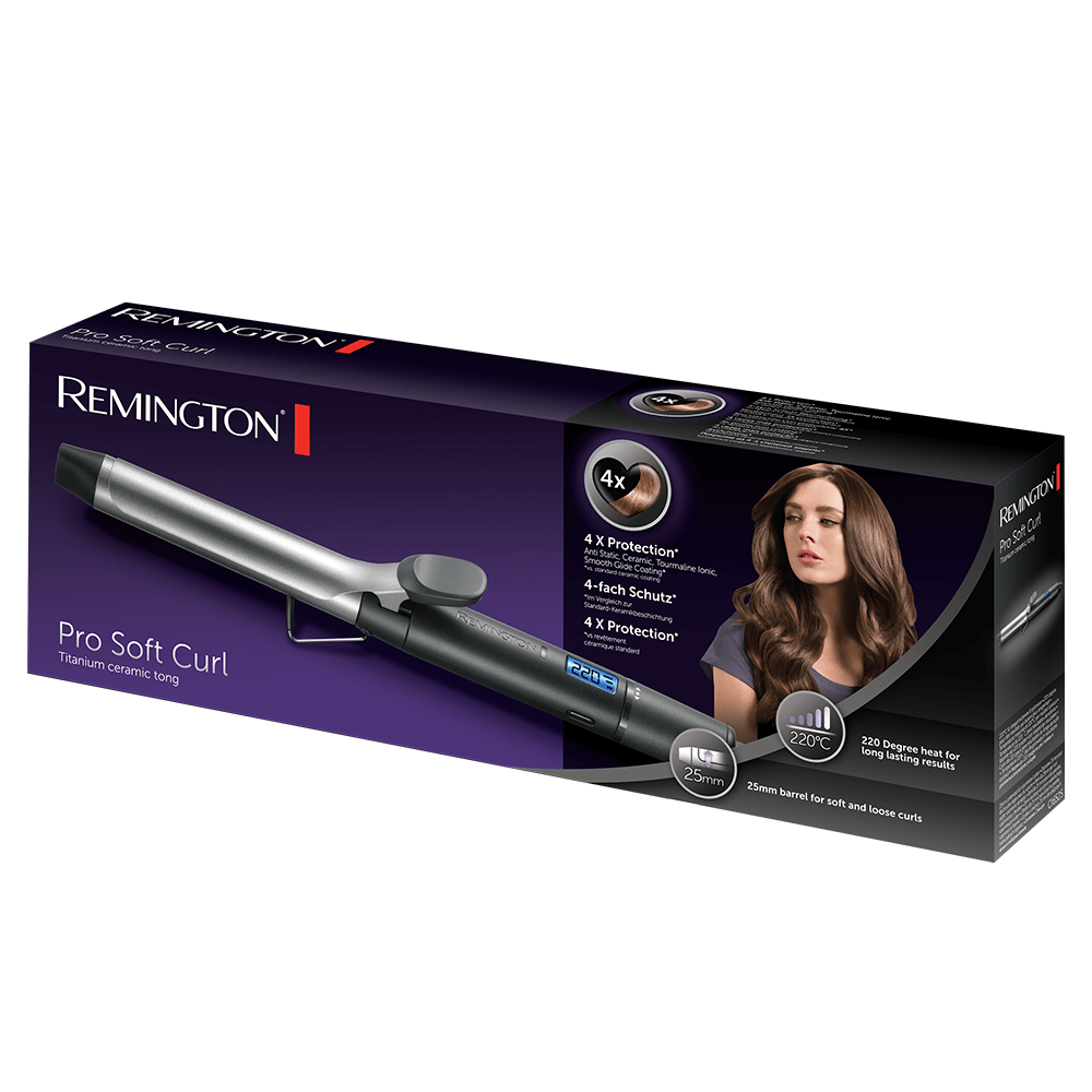 Kutulu Remington Pro Soft Curl maşası. Ürün resmi ve özellikleri olan siyah kutu.