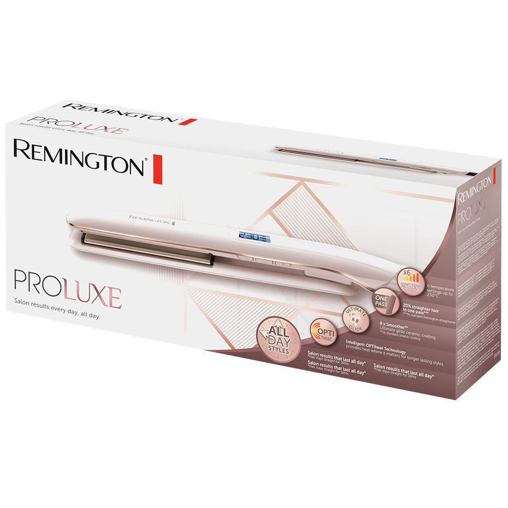 Beyaz ve altın rengi bir saç düzleştirici kutusu. Üstünde Remington markası ve ürünün resmi var.