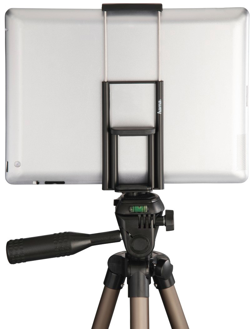 Ein Tablet wird von einem schwarzen Halter an einem grauen Stativ gehalten.