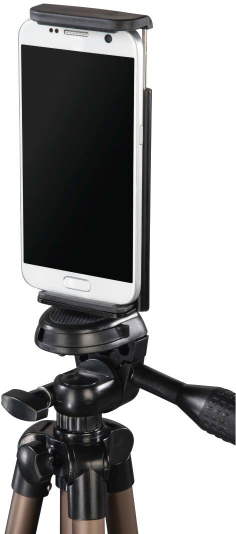 Ein Smartphone ist auf einem schwarzen Stativ befestigt.