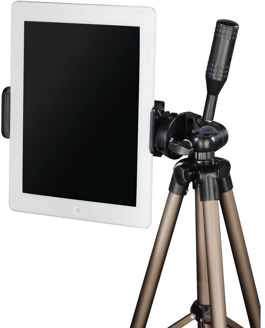 Ein weißes Tablet ist auf einem Stativ mit schwarzem Griff und metallischen Beinen montiert.