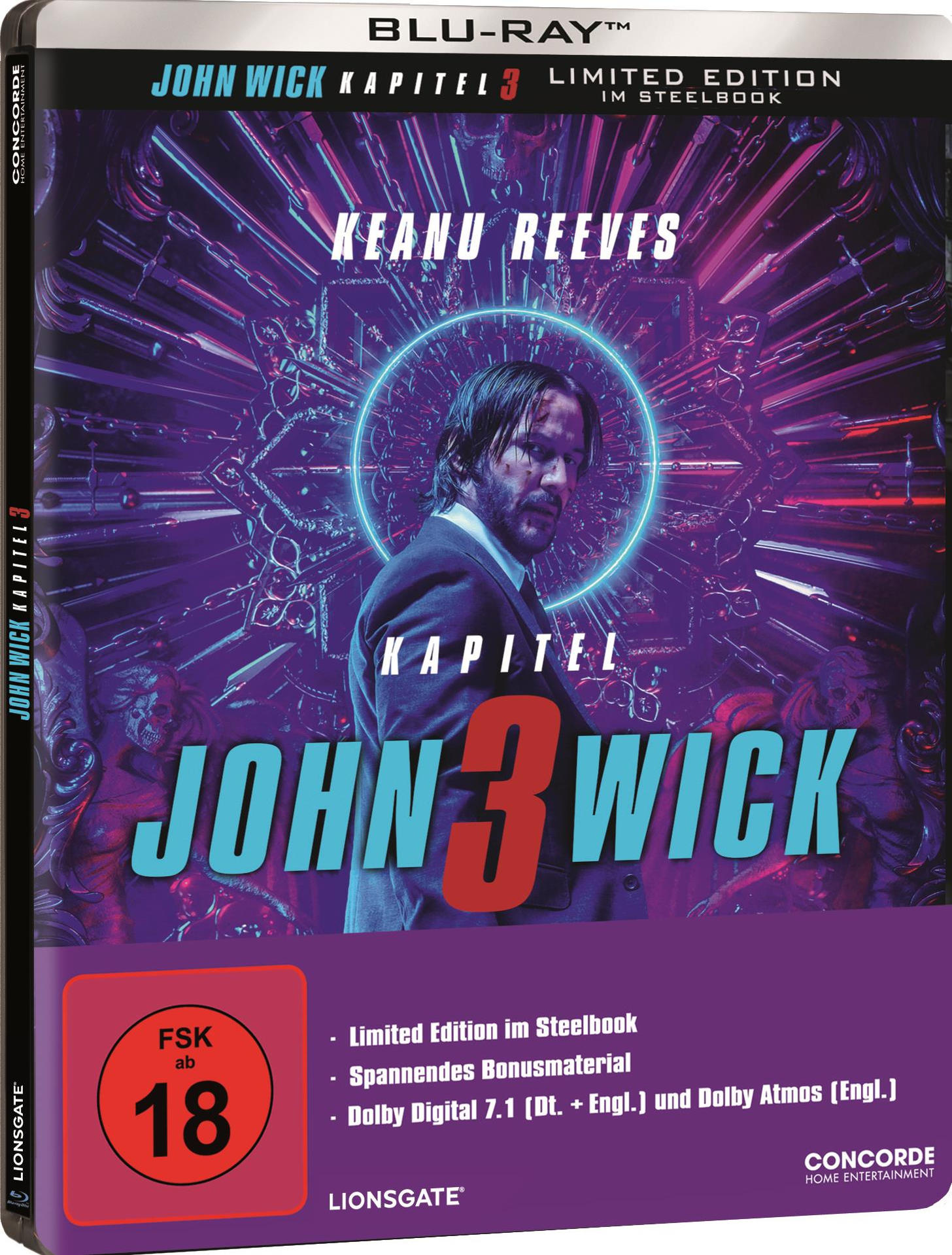 Blu-ray-Cover von John Wick 3, mit Keanu Reeves. Lila Hintergrund, Text in Weiß und Rot.