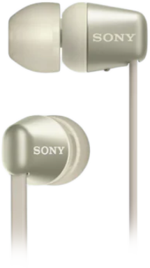 Egy pár bézs Sony fülhallgató, látható Sony logóval.