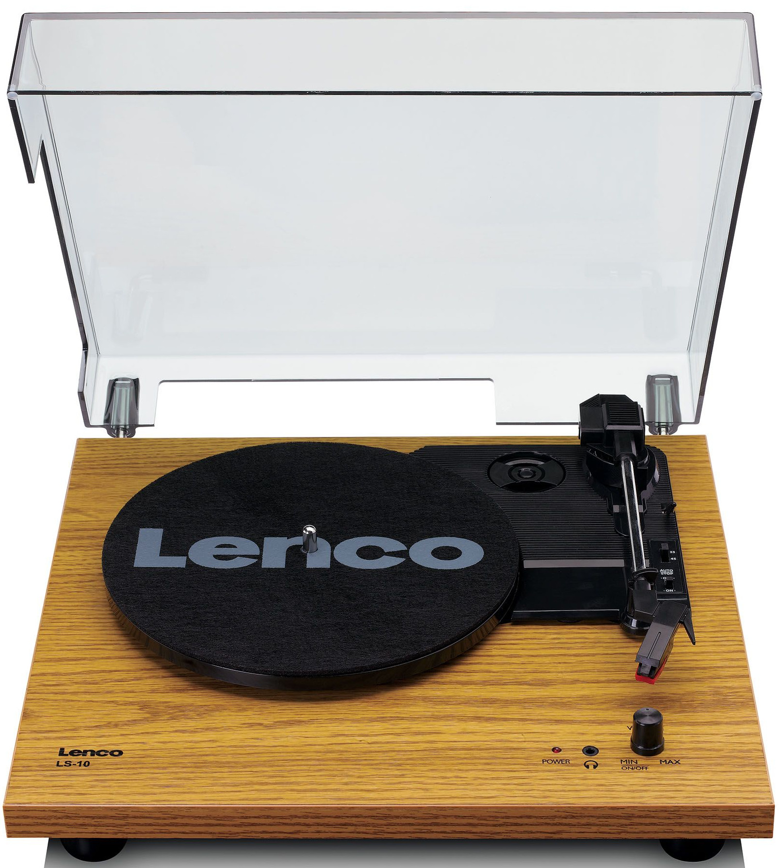 Platine vinyle sur bois. Marque Lenco visible. Disque noir, couvercle transparent. Boutons marche/arrêt et volume.