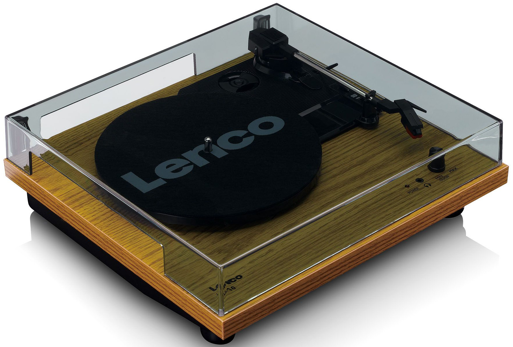 Platine vinyle Lenco en bois avec couvercle transparent. Comprend un disque noir et un bras de lecture.