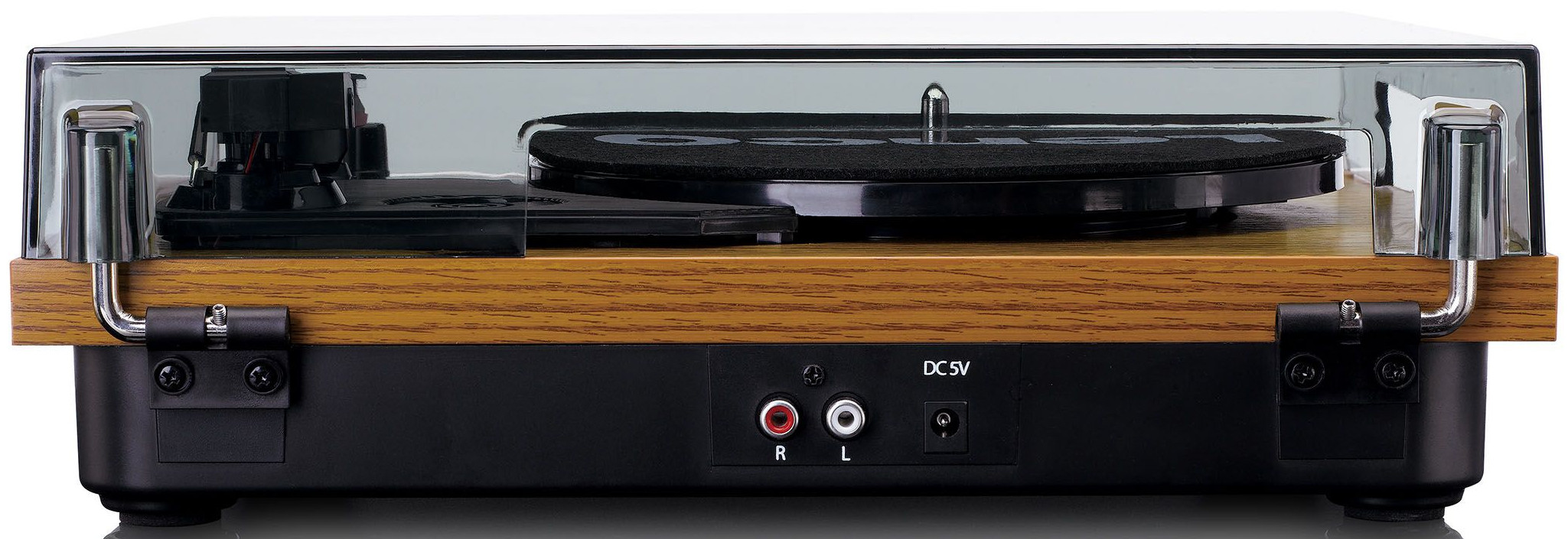 Platine vinyle avec socle en bois. Couvercle transparent. Prises à l'arrière.