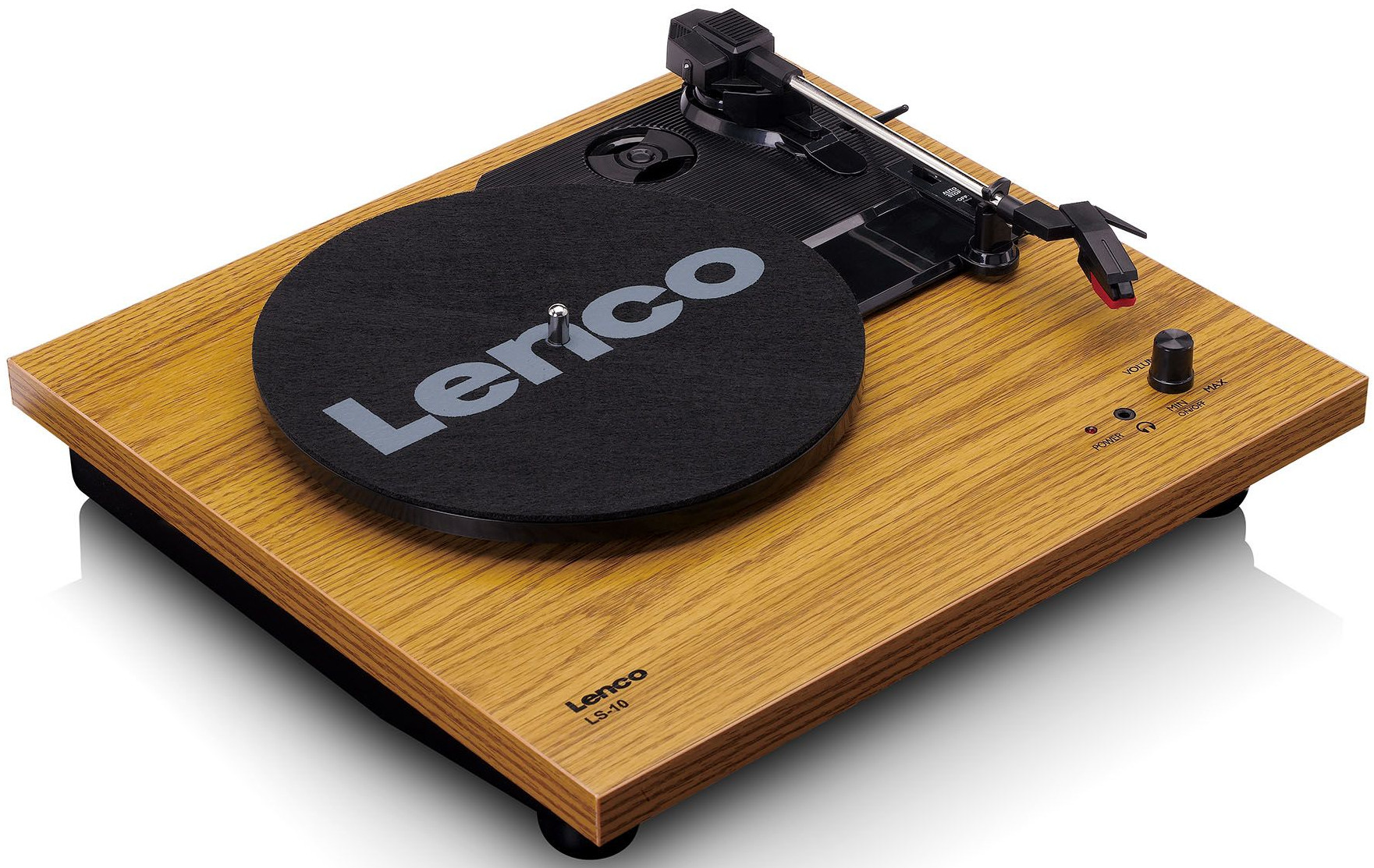 Platine vinyle en bois avec un disque noir, texte argenté sur le disque. Vue de dessus.