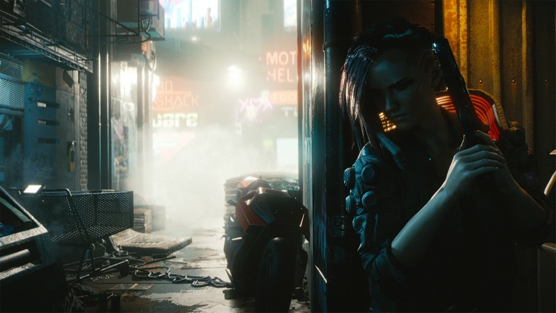 Una mujer en un callejón oscuro en un entorno cyberpunk, sosteniendo un arma.
