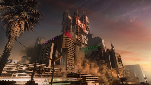 Una ciudad futurista con edificios altos y un cielo oscuro y humeante. La palabra 'HOTEL' es visible.