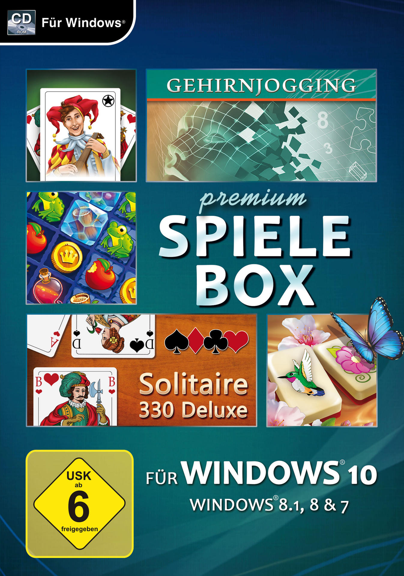 Spielebox. Mehrere Spielcover werden angezeigt. Text: premium Spiele Box und Solitaire 330 Deluxe.
