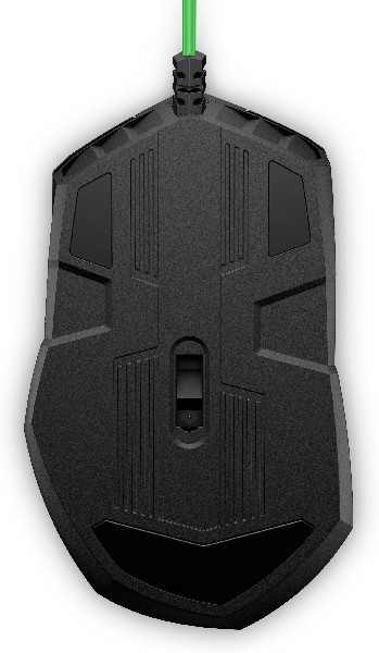 Schwarze Gaming-Maus, Draufsicht. Grünes Kabel. Strukturierte Oberfläche, zwei Seitentasten.
