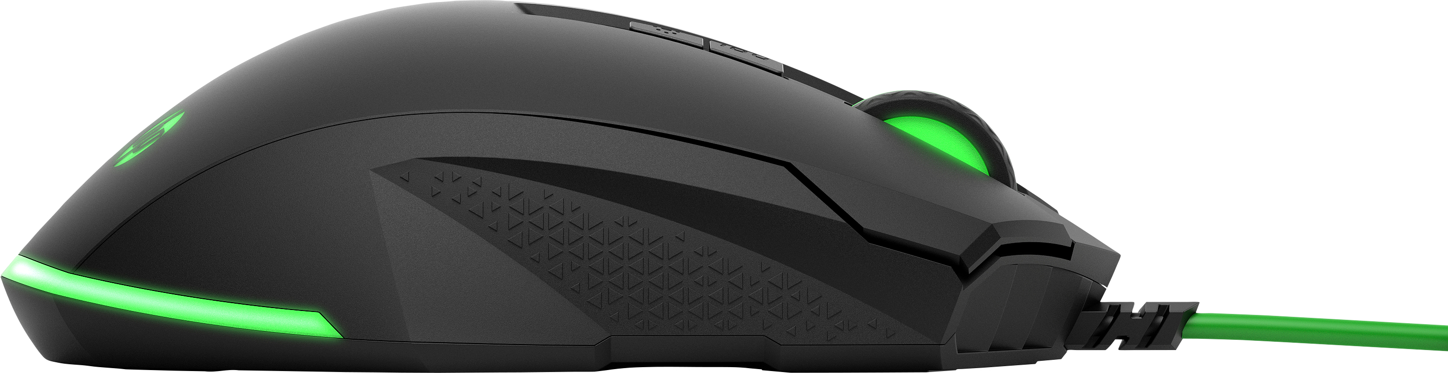 Eine schwarze Gaming-Maus mit grünen Akzenten und einem grünen Kabel.