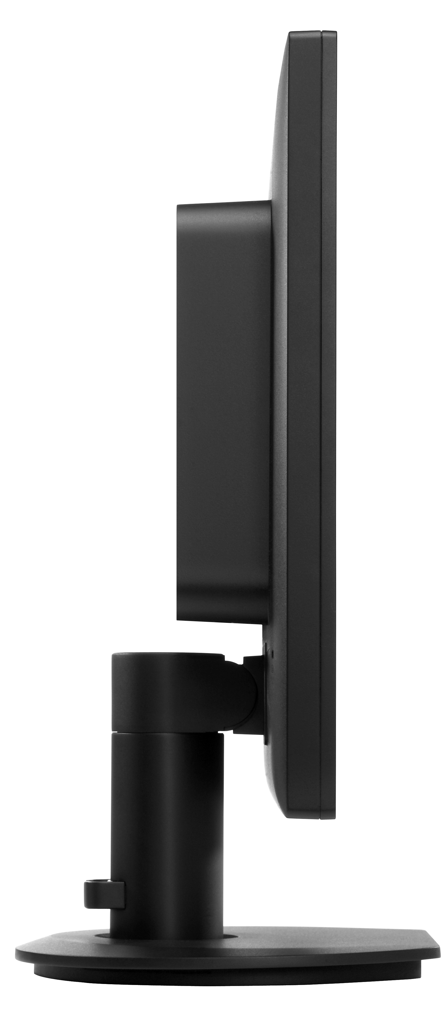Bir stand üzerinde siyah bir bilgisayar monitörünün yan görünümü.