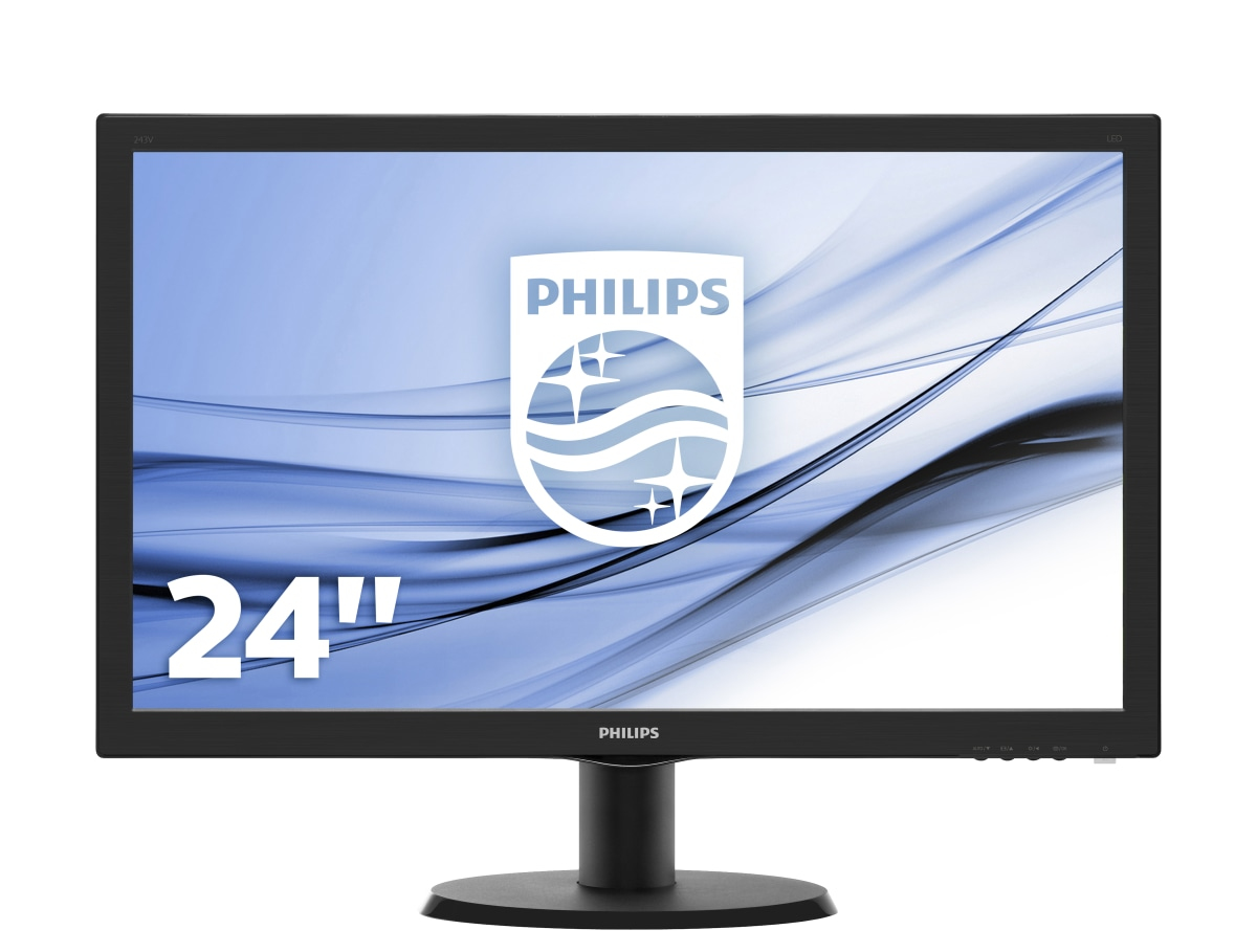 Mavi ve beyaz arka planlı 24 inçlik bir Philips monitör.