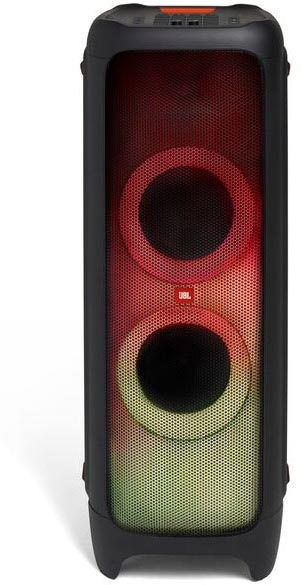 Schwarzer JBL-Party-Lautsprecher mit roten und grünen Lichtern, Vorderansicht.