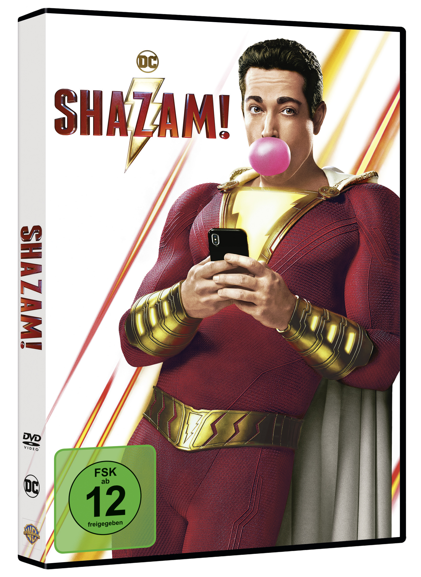 DVD-Hülle von Shazam! Ein Mann im roten Anzug hält ein Telefon und eine Kaugummiblase.