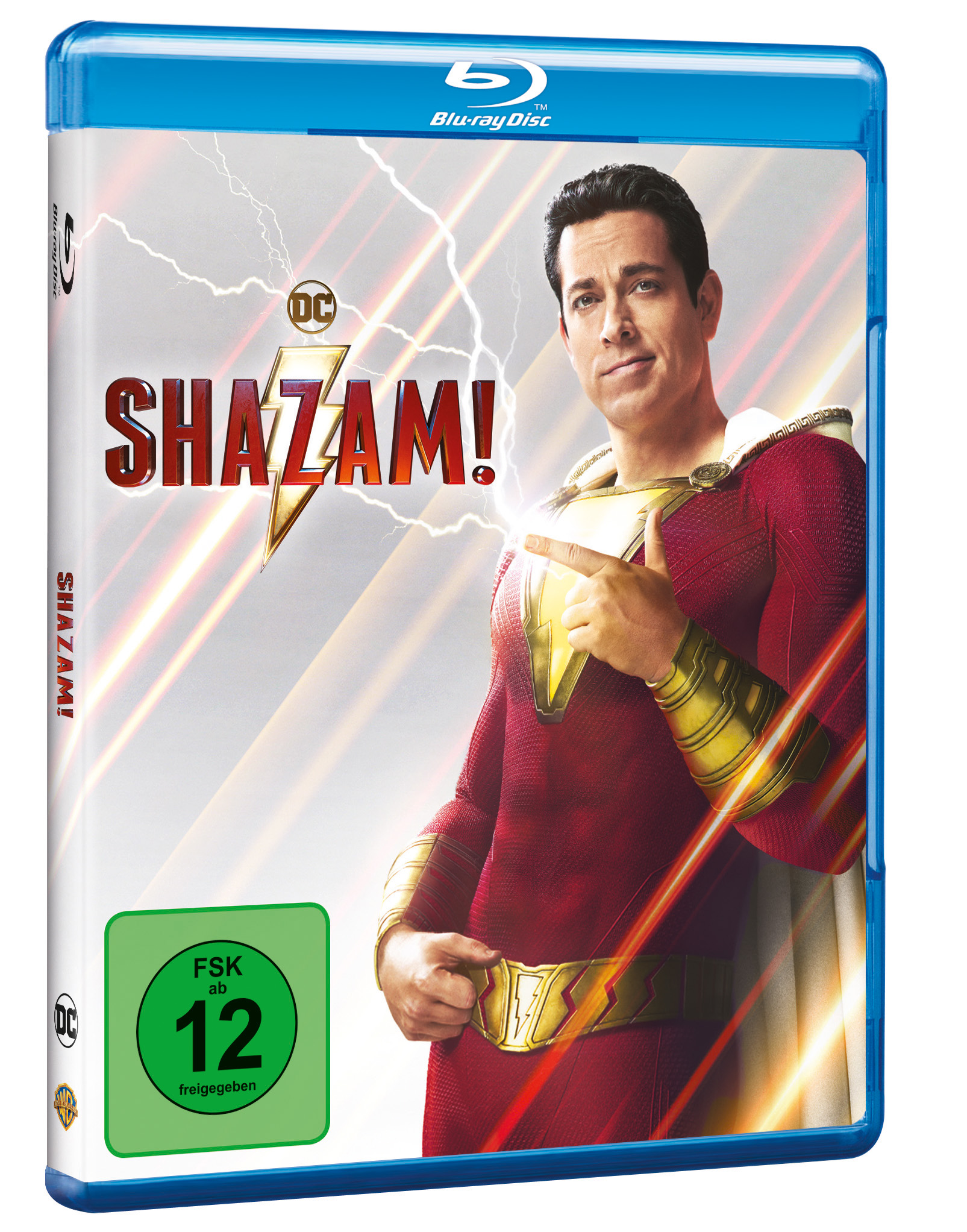Shazam! Blu-ray Disc-Cover mit Schauspieler in rotem Anzug.