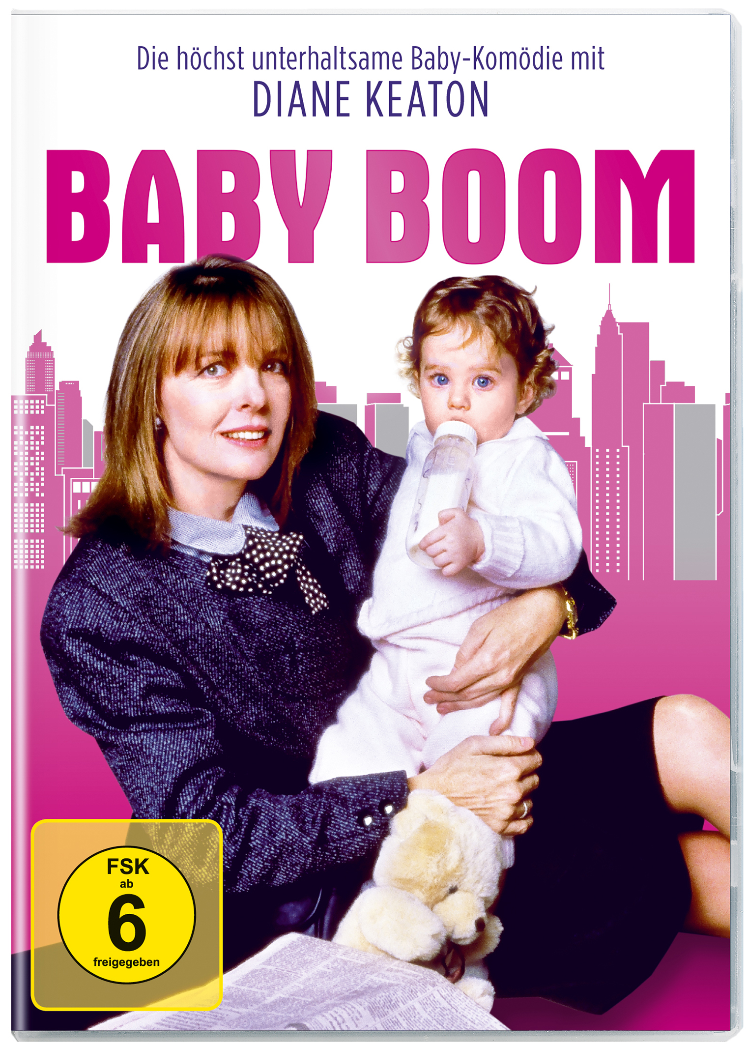 Baby Boom Filmcover. Diane Keaton hält ein Baby mit einer Flasche. Eine Skyline ist im Hintergrund zu sehen.