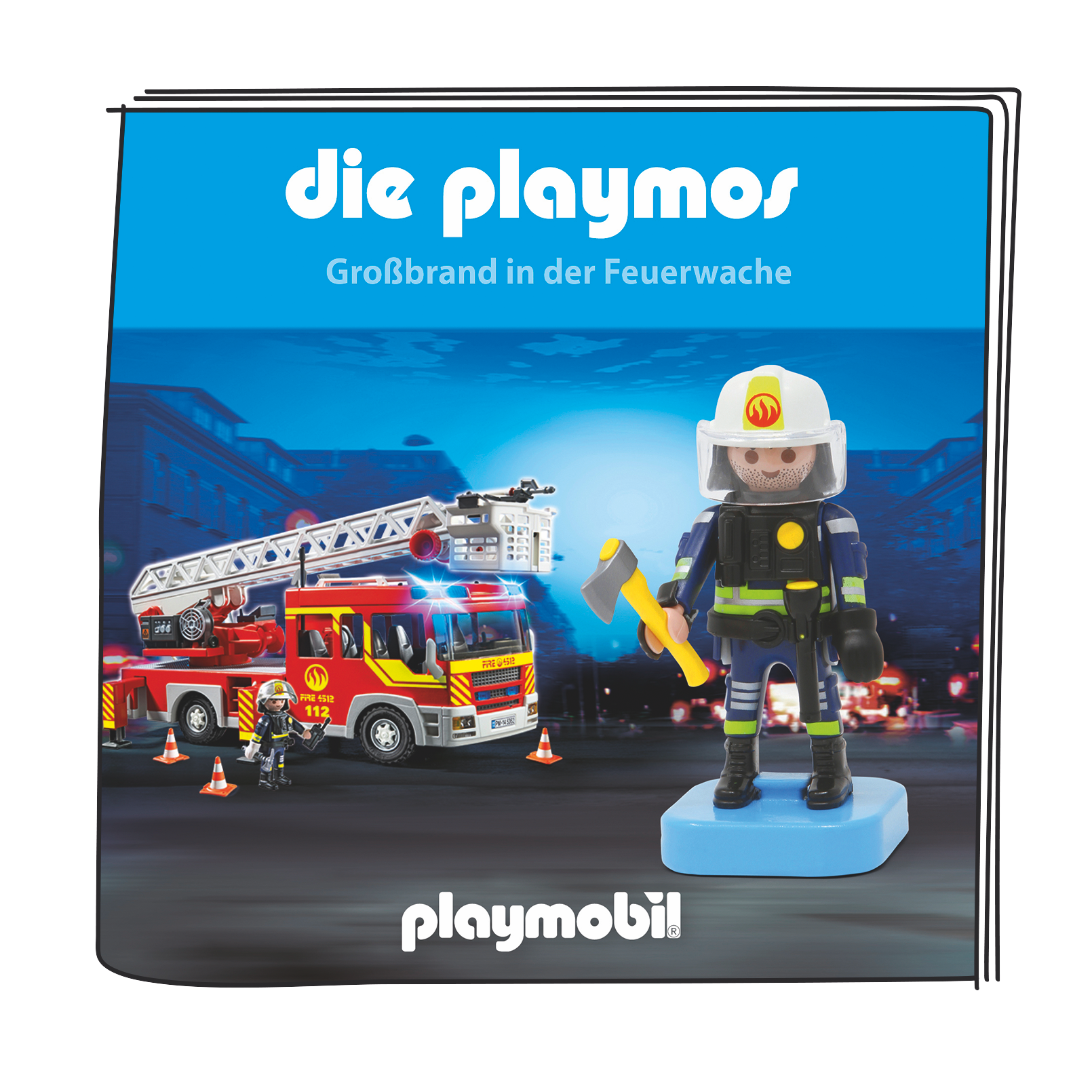 Playmobil-Box-Set mit dem Titel 'Großbrand in der Feuerwache'. Ein Feuerwehrmann steht mit einer Axt.