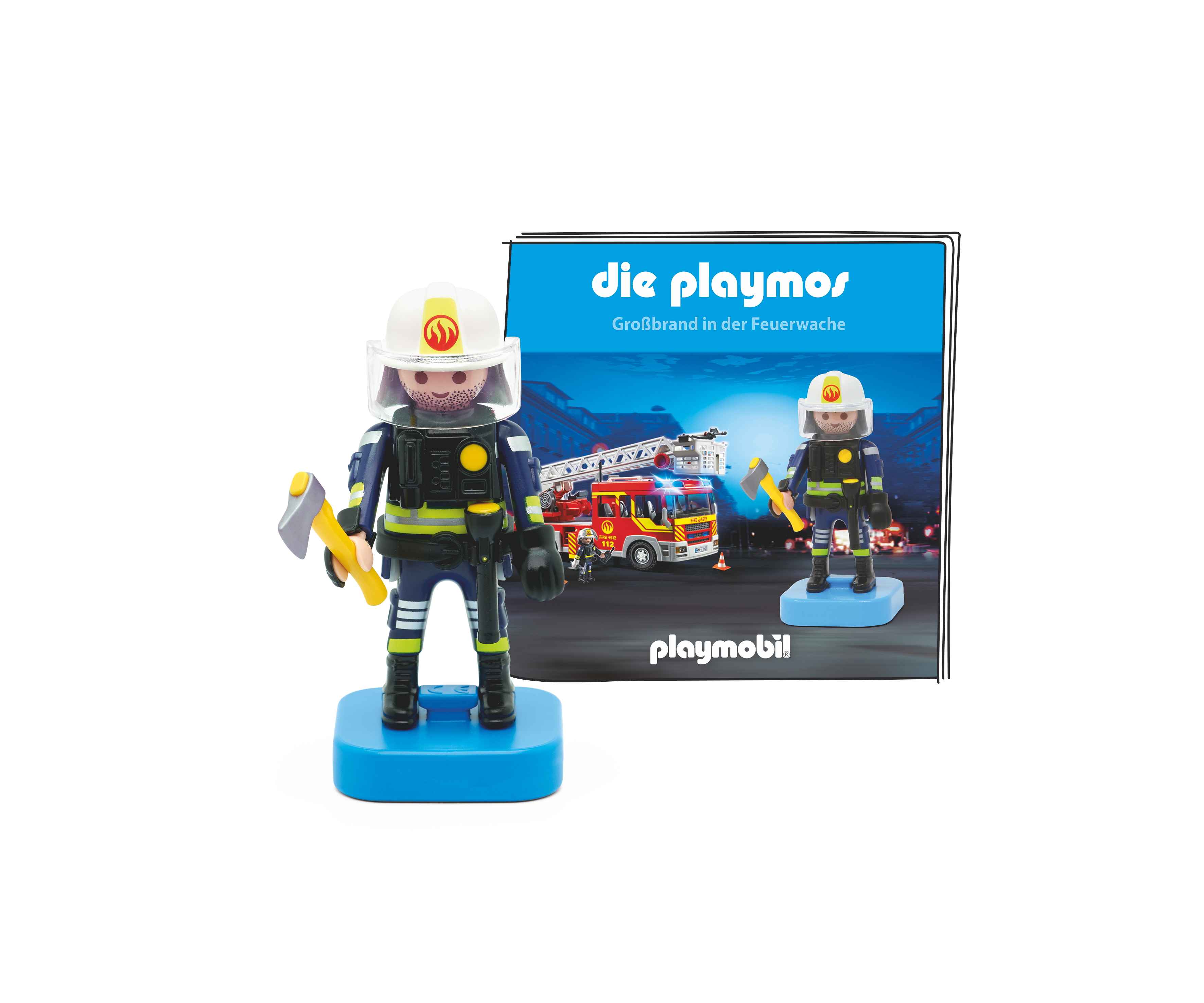 Zwei Playmobil-Feuerwehrmannfiguren und eine Box mit einem Feuerwehrauto-Bild, vor weißem Hintergrund.