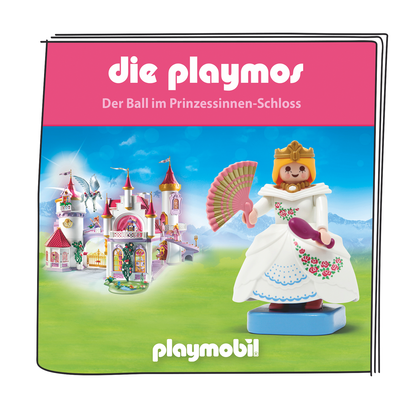 Playmobil-Box mit einer Prinzessin, die einen Fächer hält, und einem Spielzeugschloss auf einer grünen Wiese.