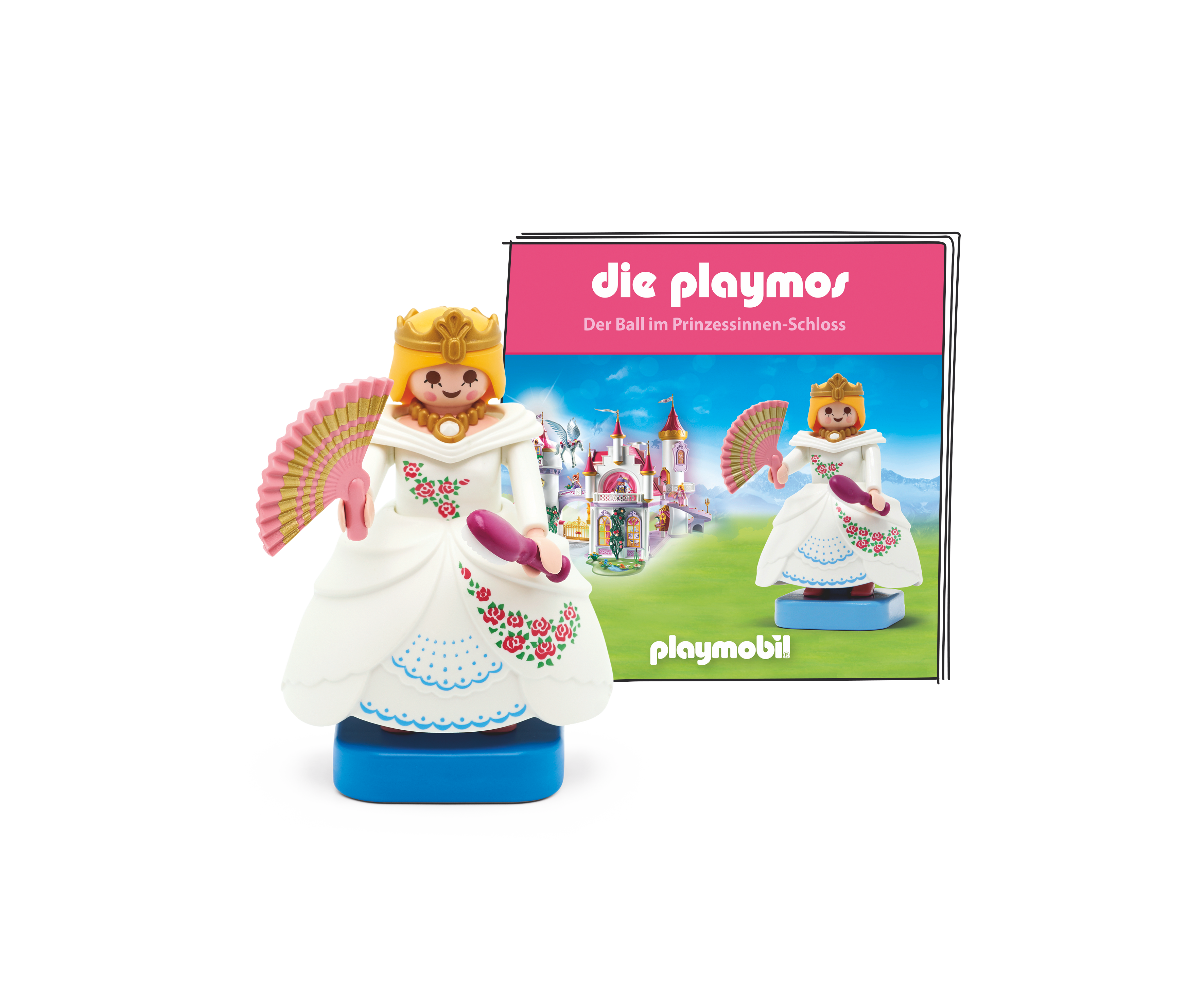 Playmobil-Prinzessinnen-Spielzeug mit Fächer. Verpackung zeigt Spielzeug und Burg im Hintergrund.