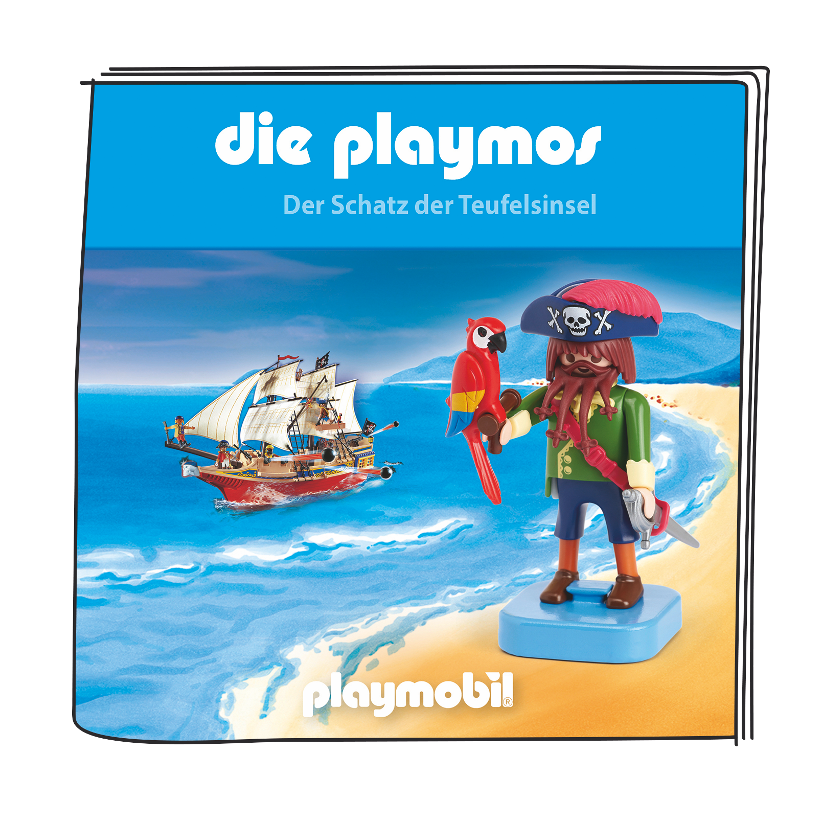 Playmobil-Box-Art: Pirat mit Papagei, Piratenschiff auf dem Meer.