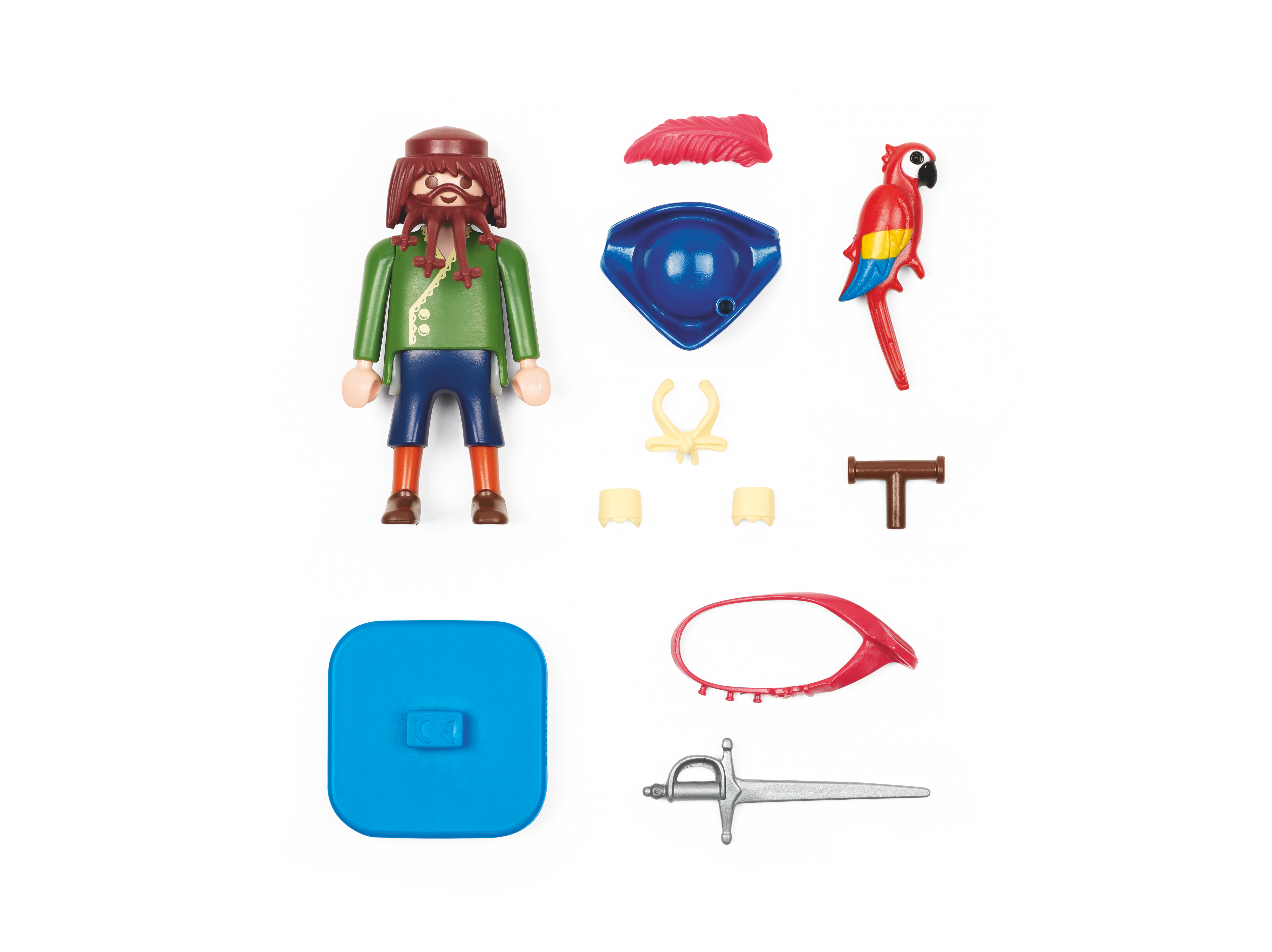 Pirat mit Zubehör: Papagei, Schwert, Hut, Basis und Spielzeug.
