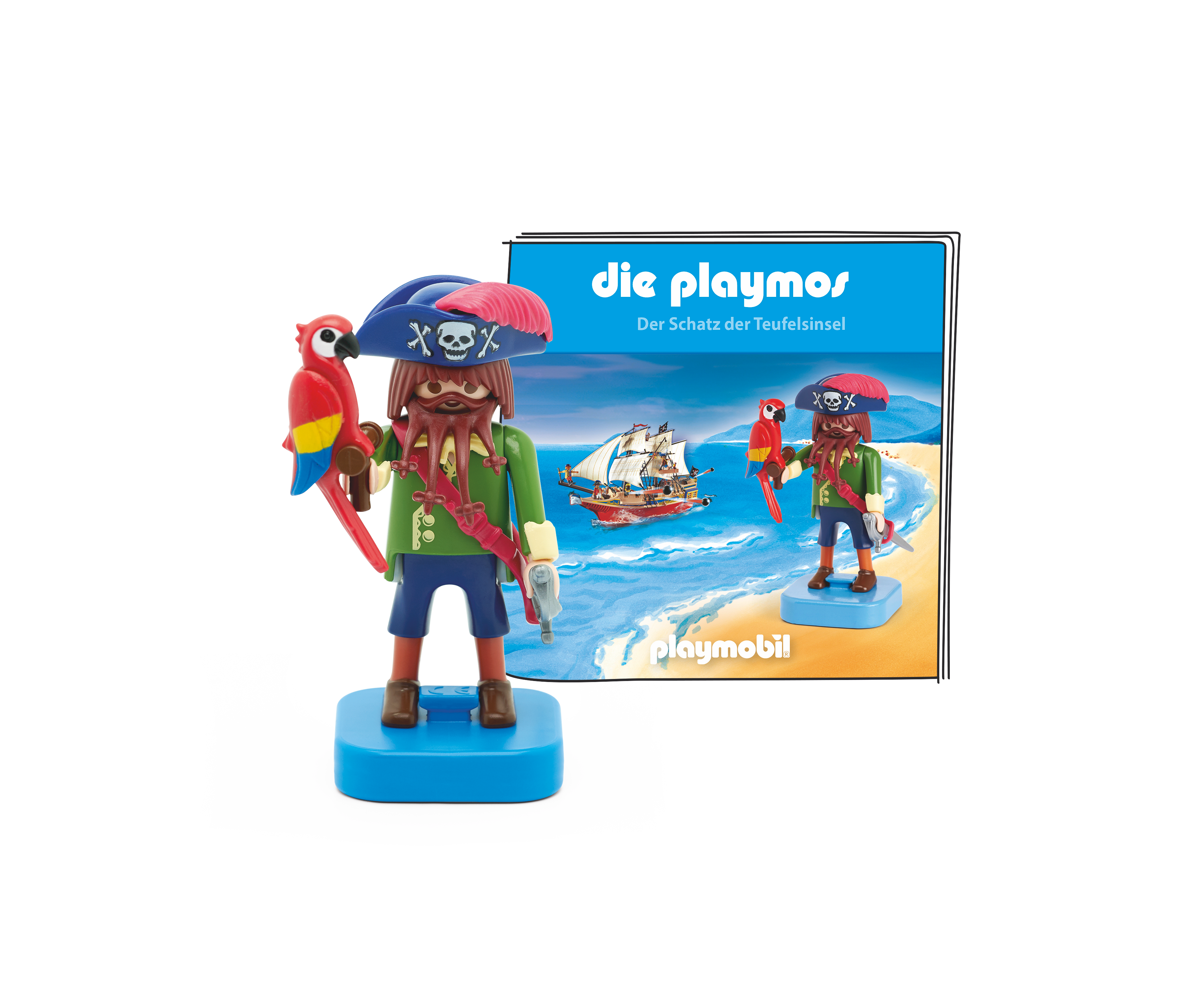 Piratfigur mit einem Papagei und einer Schatzkarte. Ein Piratenschiff ist im Hintergrund.