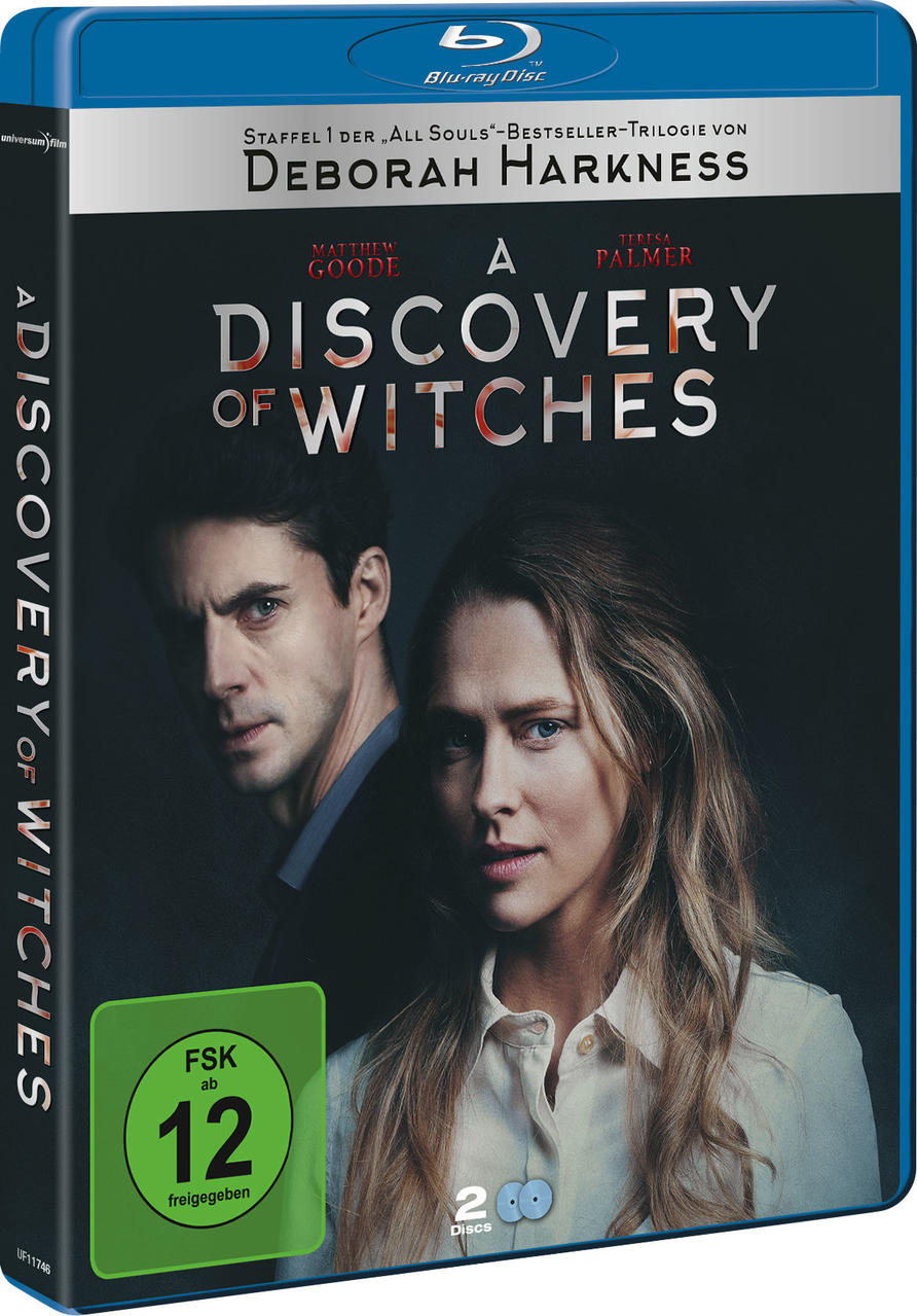 Blu-ray-Hülle mit einem Mann und einer Frau darauf. Der Titel lautet "A Discovery of Witches".