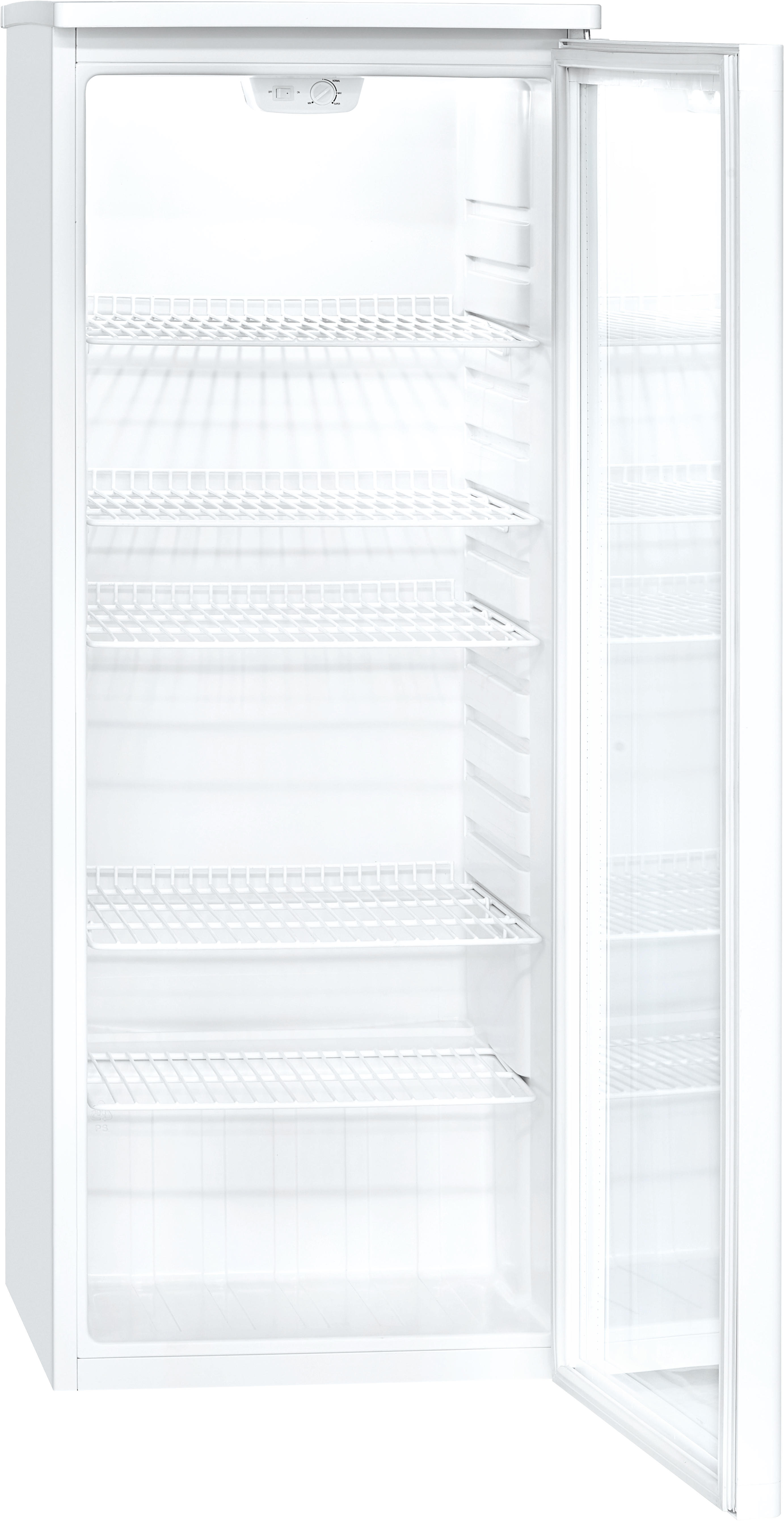 Weißer Kühlschrank mit offener Tür, Regale sichtbar, innen leer.