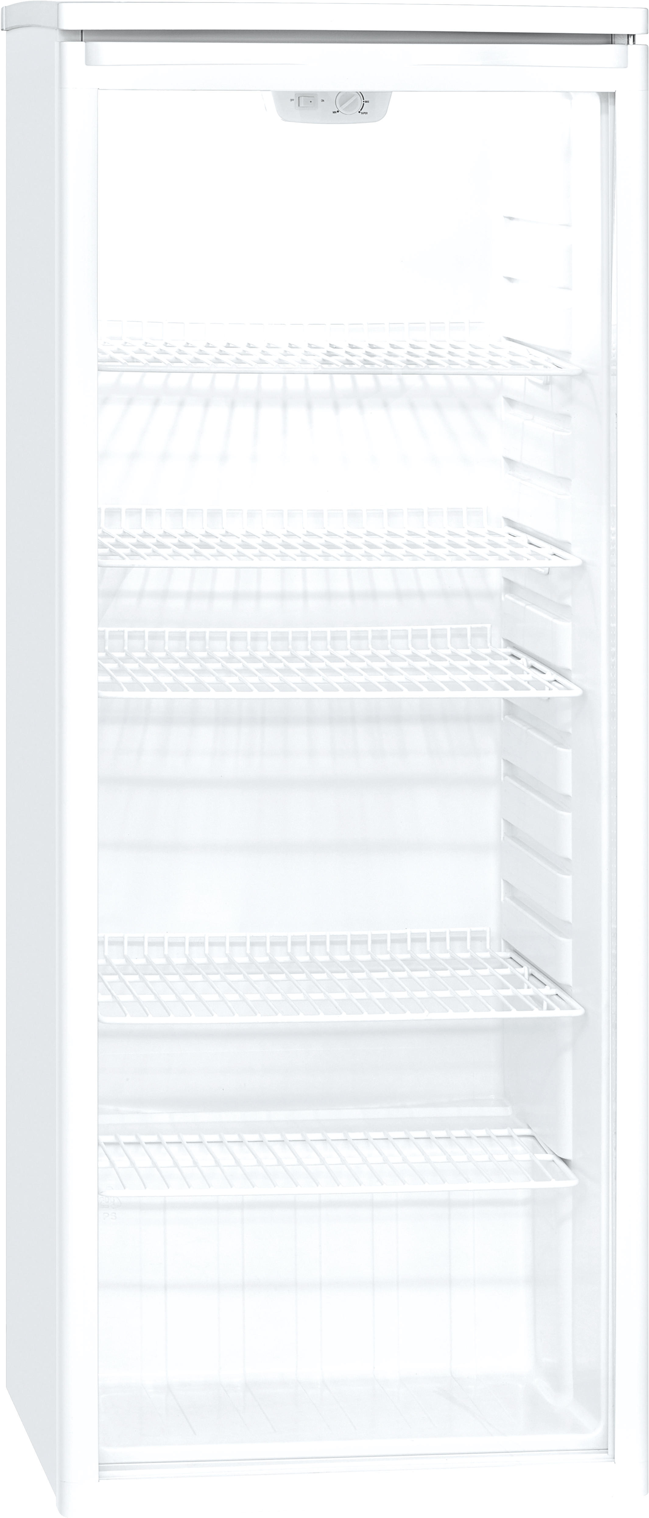 Weißer, leerer Kühlschrank mit Regalen und einer Tür.