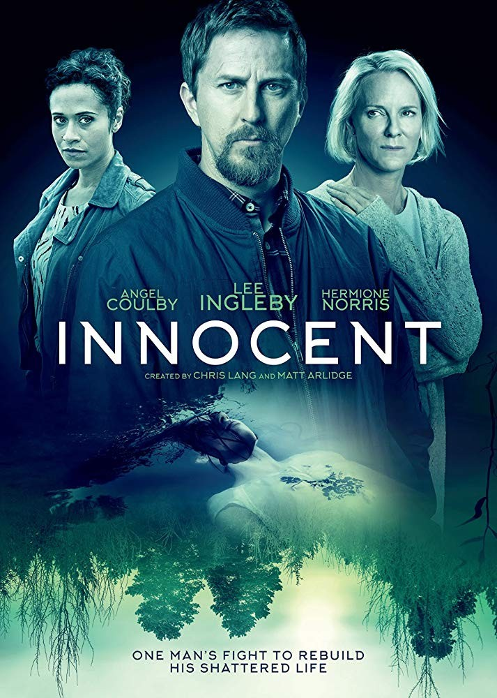 Affiche de film, Innocent, avec trois acteurs, fond sombre, texte.