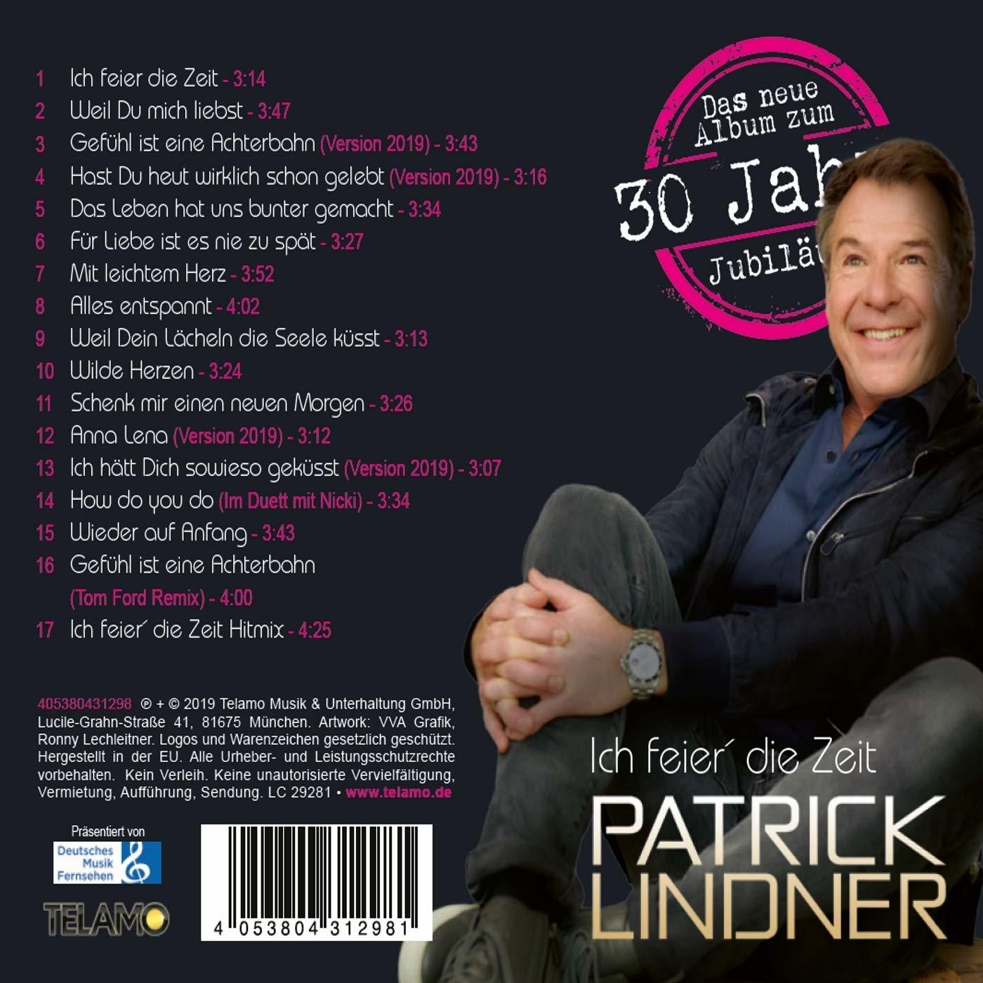 CD-Cover mit einem Mann in blauem Hemd. Der Text enthält Albumdetails und den Namen des Künstlers, Patrick Lindner.