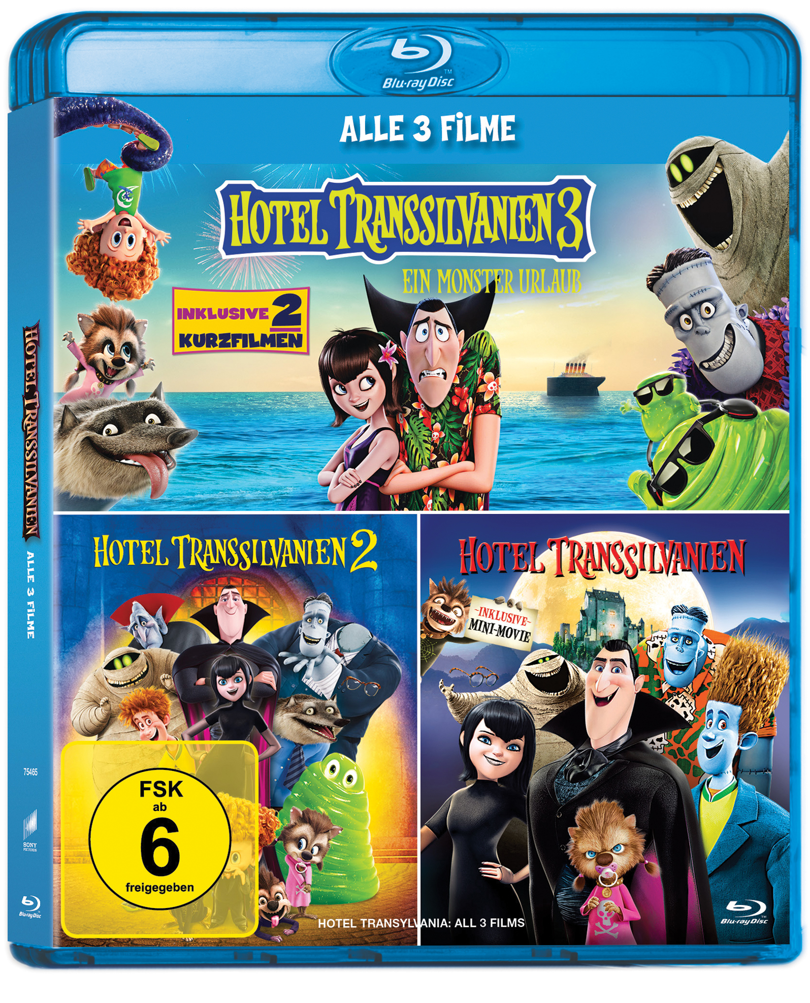 Blu-ray-Cover mit mehreren animierten Charakteren aus 'Hotel Transsilvanien'-Filmen.