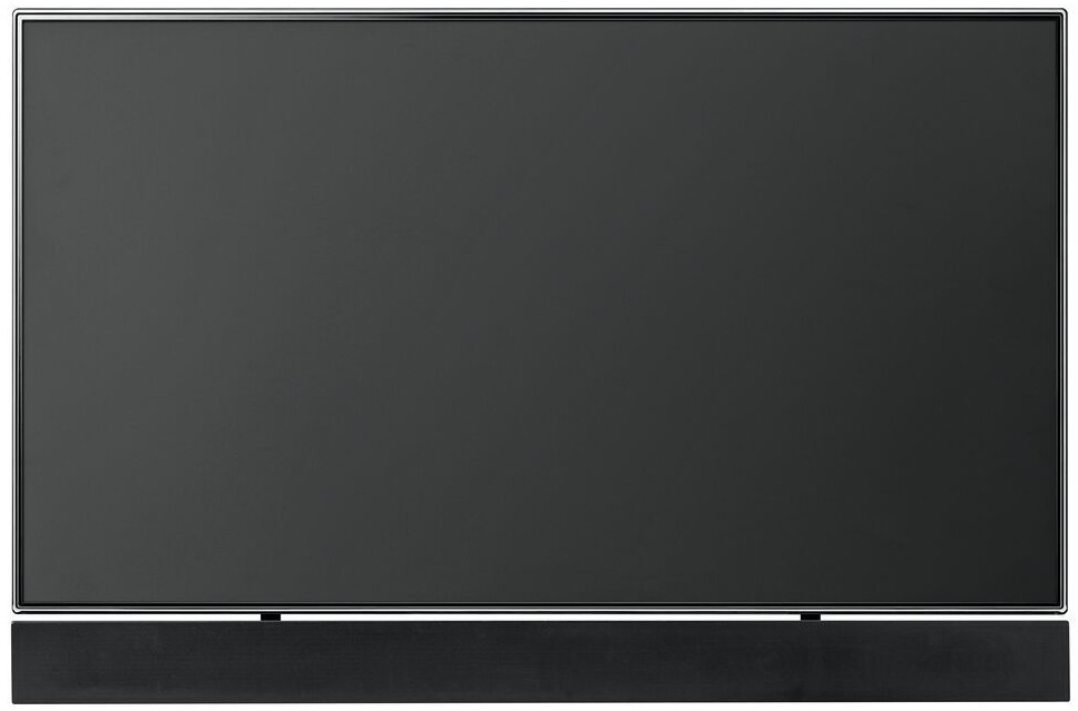 Un grand écran de télévision noir, posé sur une barre de son noire. Il s'agit d'un design minimaliste.