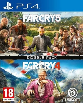 Portada del juego PS4 Far Cry 5 y Far Cry 4: Paquete doble. Personajes en primer plano.