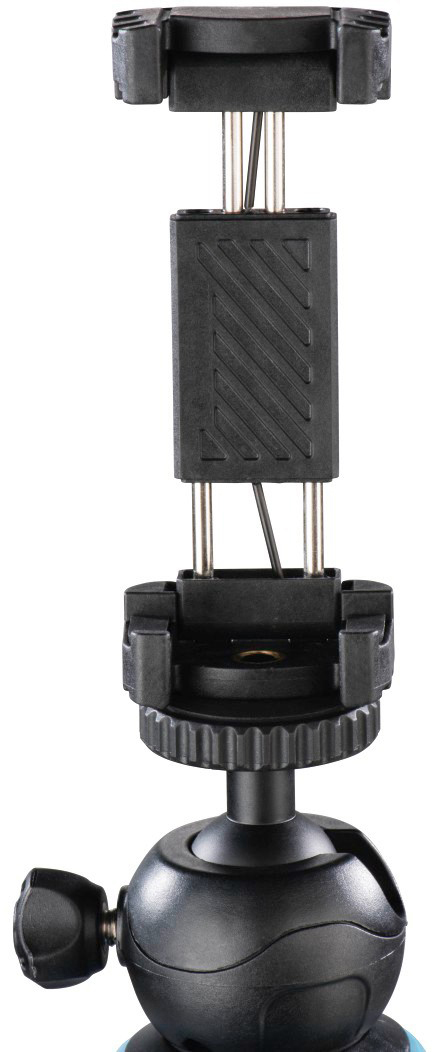 Ein schwarzer Stativ-Telefonhalter mit verstellbaren Armen, auf weißem Hintergrund.