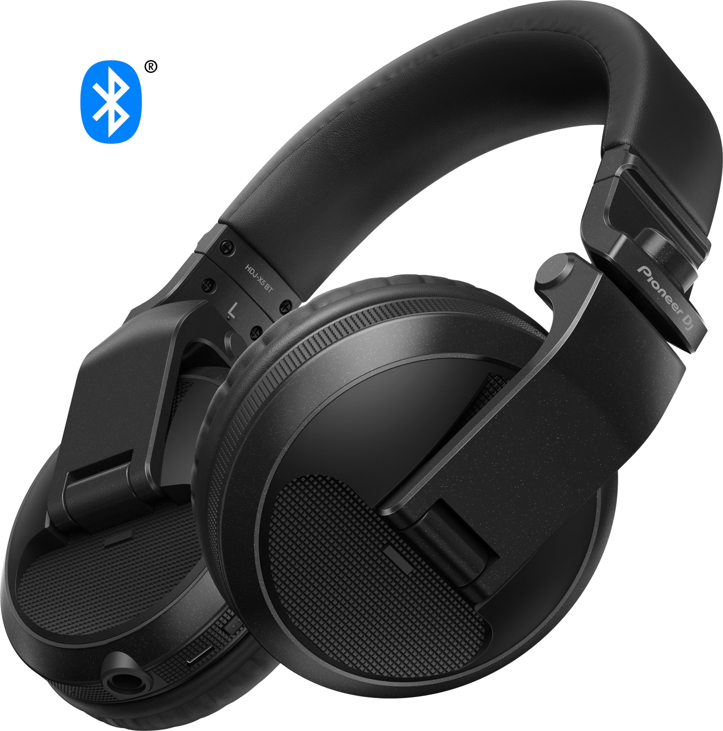 Casque DJ noir avec un symbole Bluetooth bleu. Conception circum-aurale.