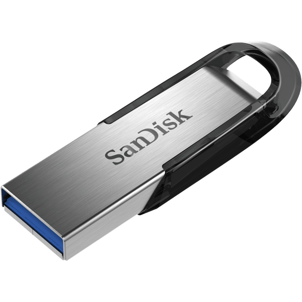 Siyah tutamaklı ve mavi ekli zarif gümüş SanDisk USB bellek.