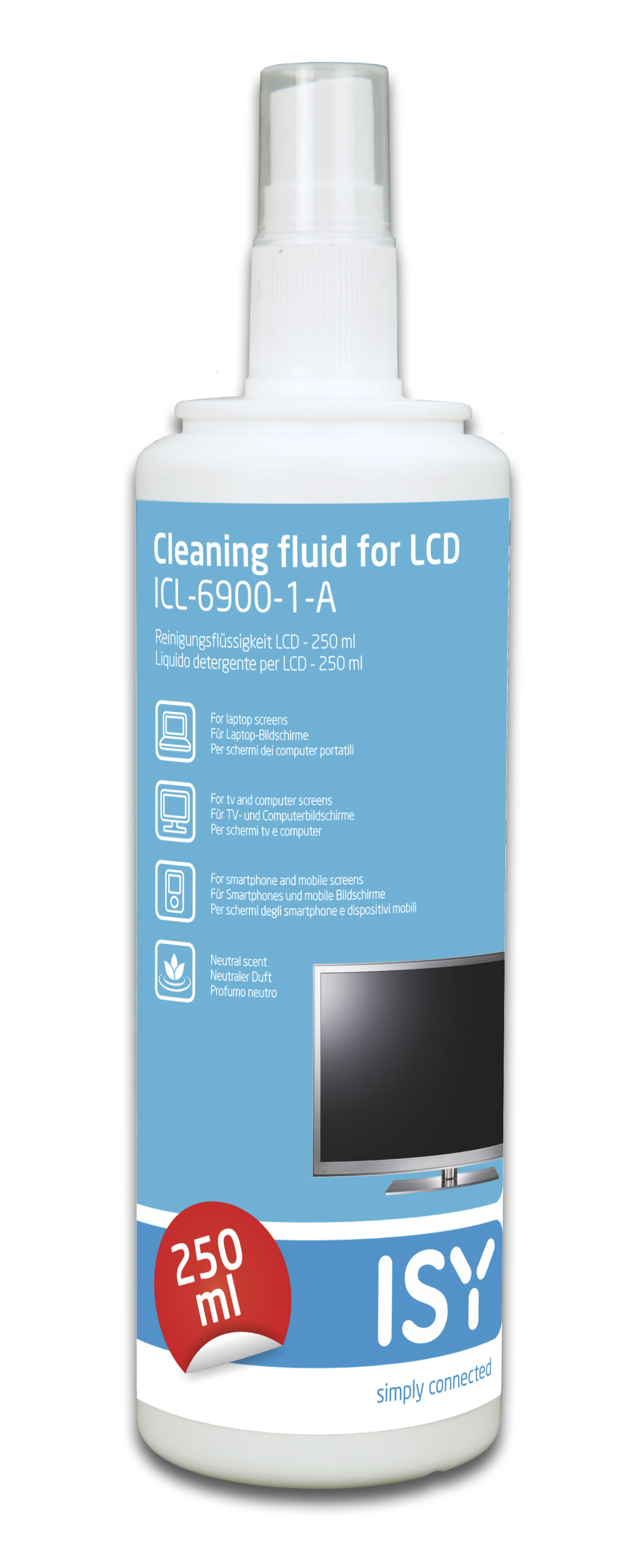 Flasche LCD-Reinigungsmittel, blaues Etikett, weißer Hintergrund.