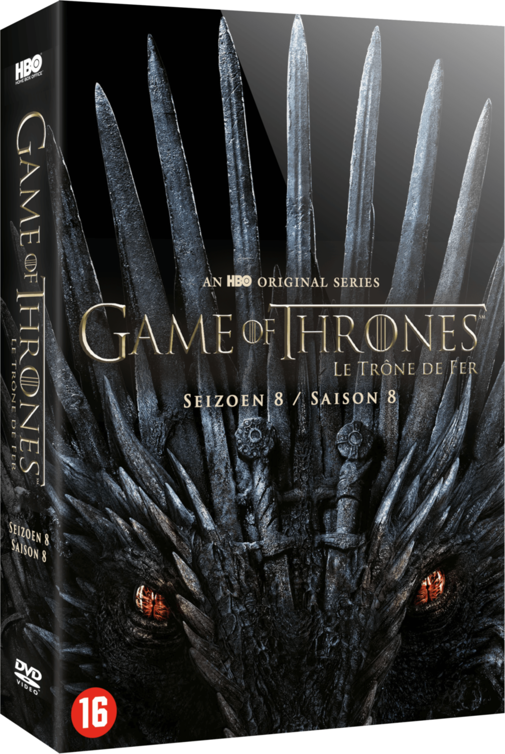 Game of Thrones dvd-boxset, een drakenkop met zwaarden. Seizoen 8 cover.