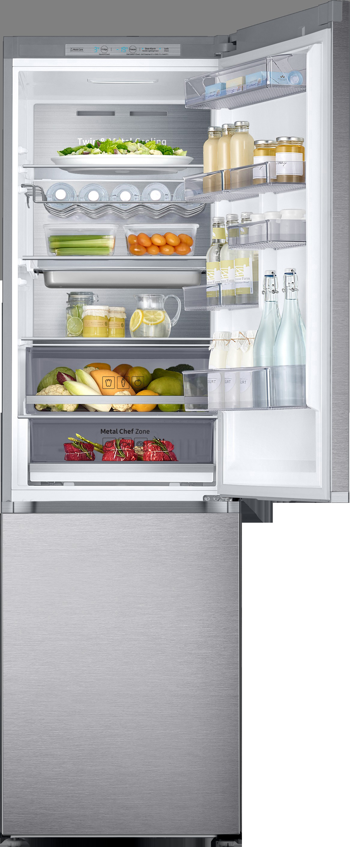 Offener Kühlschrank aus Edelstahl mit Regalen, die Lebensmittel und Schubladen enthalten.