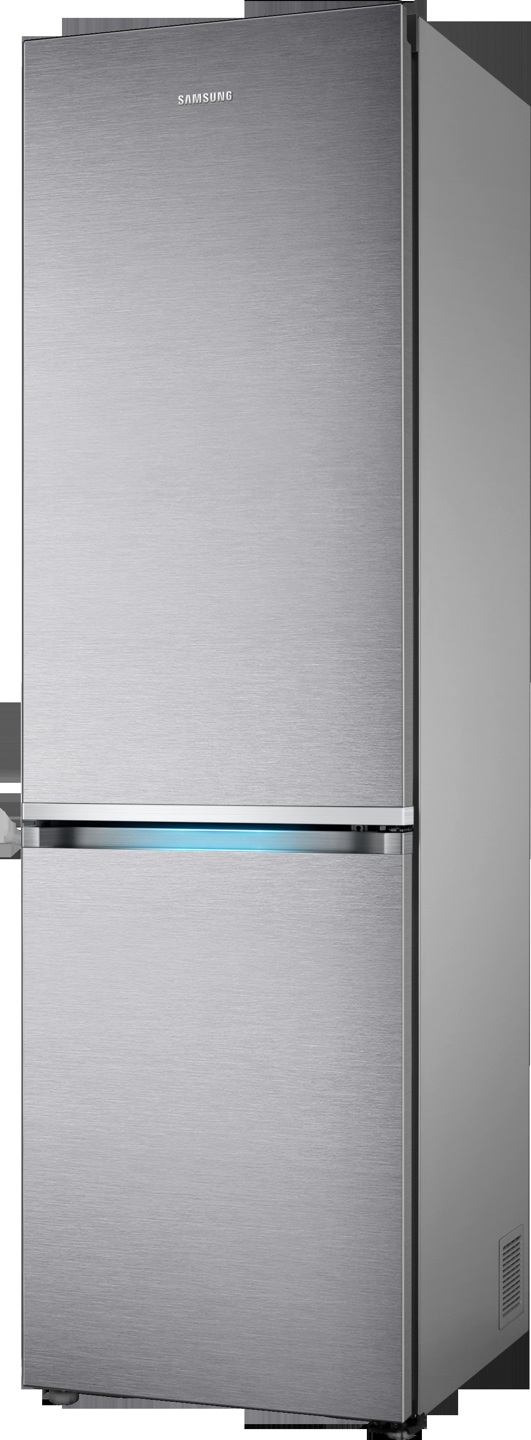 Ein silberner Kühlschrank mit Gefrierfach unten. Er hat ein Samsung-Logo und ein blaues Licht.