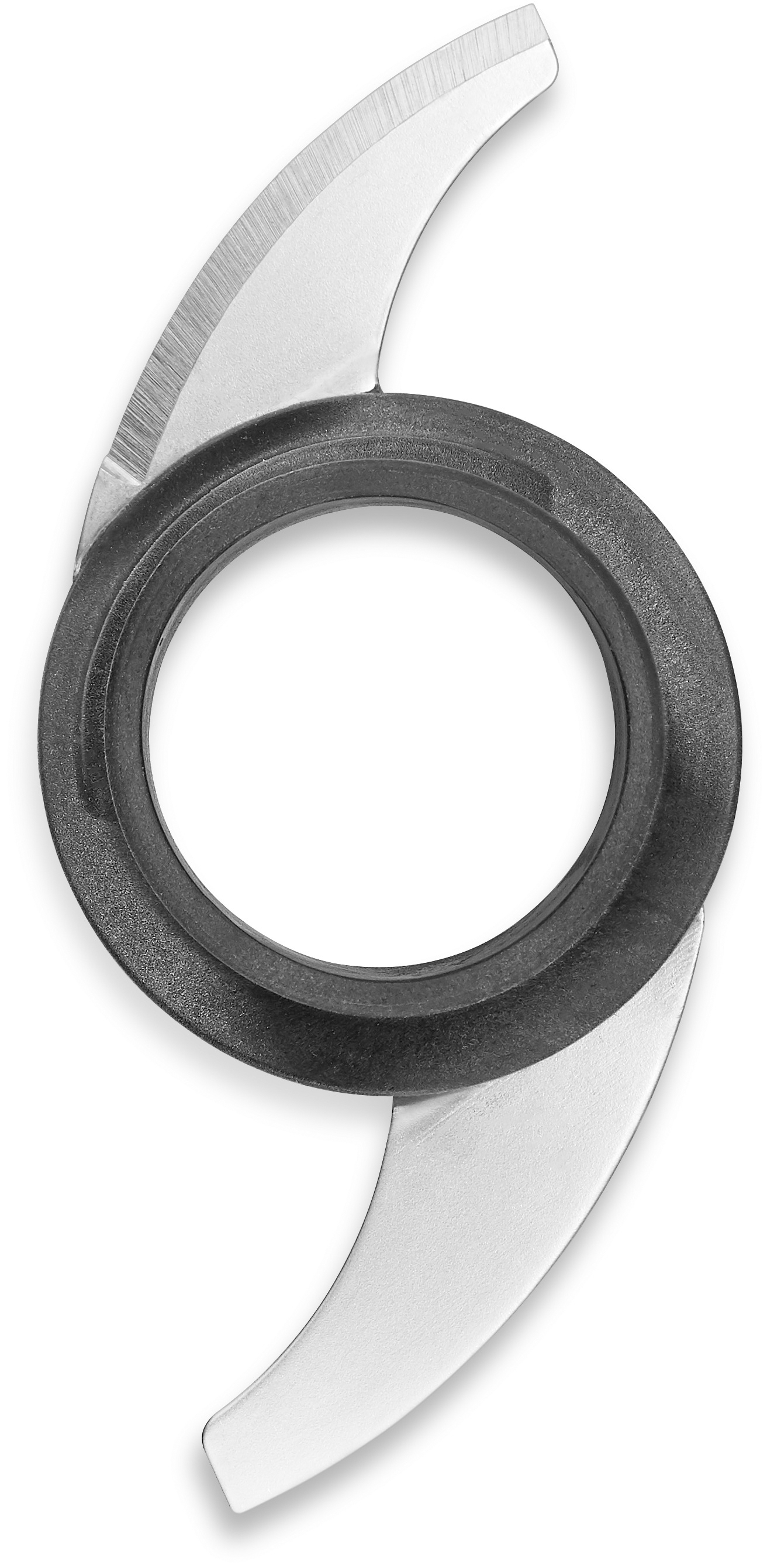 Nahaufnahme einer Küchenmaschinenklinge mit einem schwarzen Ring und zwei silbernen Klingen.