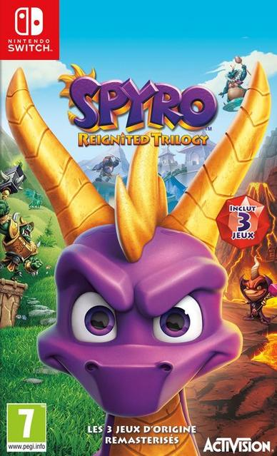 Spyro Reignited Trilogy game cover voor Nintendo Switch. Paarse draak Spyro met gele horens, vurige achtergrond.