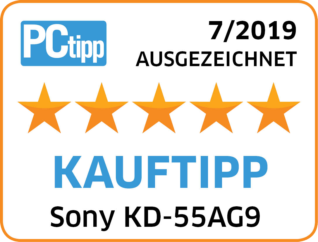 Logo PCtipp, 7/2019, Ausgezeichnet, 5 étoiles, KaufTipp, Sony KD-55AG9.