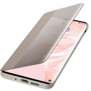 Ein Smartphone mit offenem silbernen Gehäuse, das den Bildschirm mit einem rosa Hintergrund zeigt.
